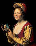 Gerard van Honthorst Smiling Girl, a Courtesan, Holding an Obscene Image Sweden oil painting artist